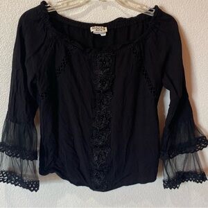Mocha Black Embroidered Peasant Top with Sheer Bell Sleeves on off shoulder